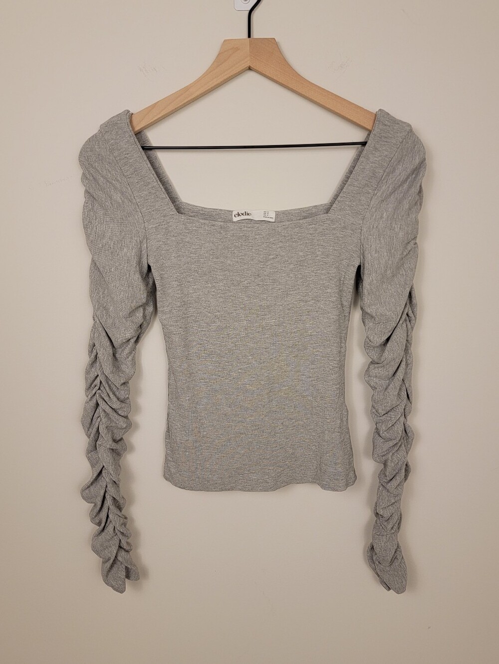 Elodie Heather Gray Square Neck Ruched Sleeve Ribbed Knit Top Extra Small XS